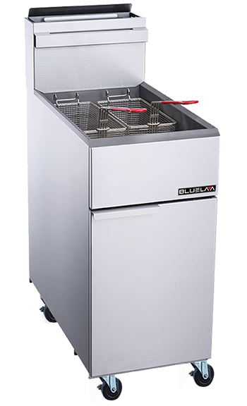 A commercial stainless steel deep fryer on wheels with two fryer baskets and a red handle, featuring a front door, a BLUELAVA logo, and a top section for draining baskets. This 40 lbs capacity deep fryer runs on natural gas and is photographed against a white background.