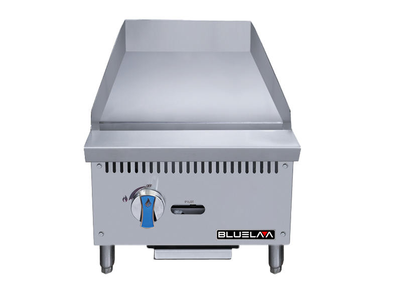 A stainless steel Blue Air FSE griddle with a flat cooking surface, raised sides, blue-handled control knob, and ignition button. This heavy duty gas griddle stands on four short legs against a plain background, perfect for any griddle countertop setup.