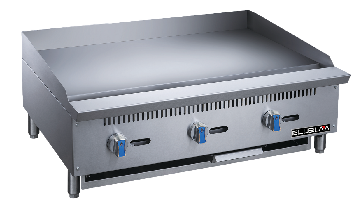 A large stainless steel 36 inch gas griddle with three blue-handled control knobs and short legs. The griddle countertop features ventilation slits on the front and the BLUE FLAME brand name on the right, with a smooth, reflective cooking surface.