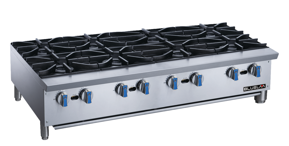A heavy duty stainless steel commercial gas range with eight black cast-iron burners, blue and silver control knobs, and short metal legs. The Blueflame logo appears on the lower right front panel. Ideal for countertop use, set against a white background.
