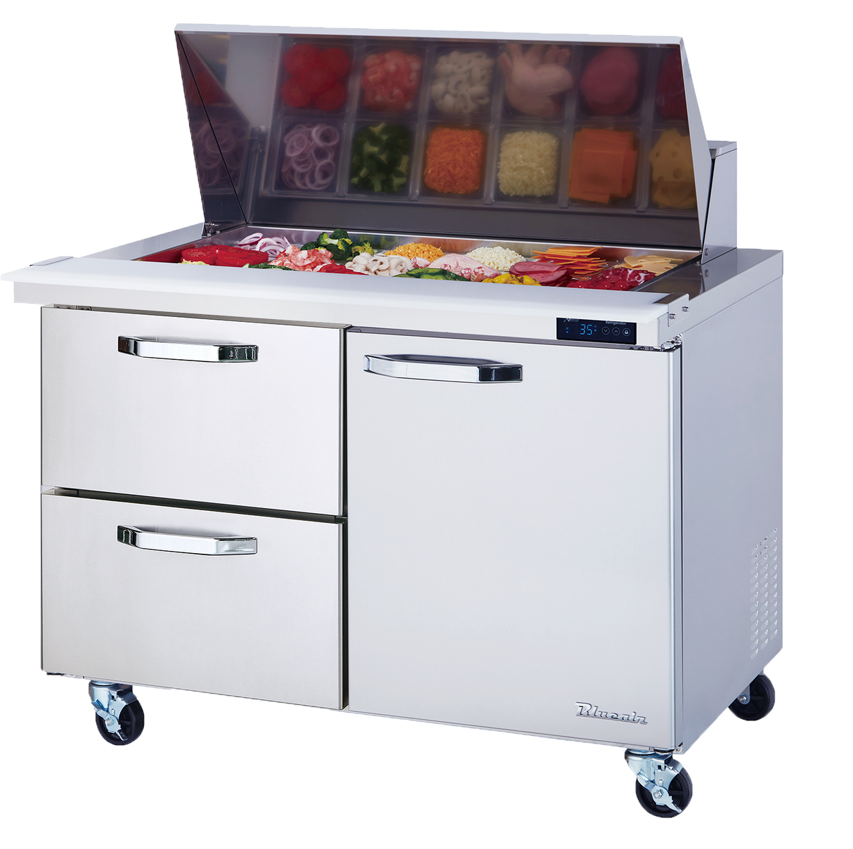A stainless steel refrigerated prep table on wheels, with an open top displaying assorted sliced vegetables and toppings in bins. The unit features two drawers, a cabinet, and a digital temperature display on the front.