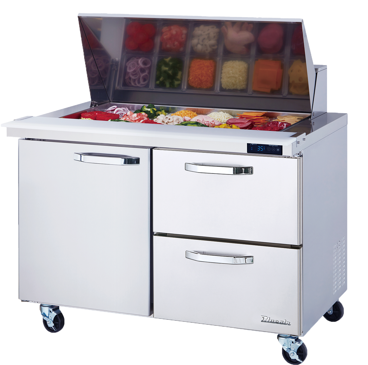 A commercial stainless steel mega top prep table features a raised, open food compartment for chopped ingredients. Below are two drawers and a door for refrigerated storage, making this unit the ideal sandwich prep table on four caster wheels.