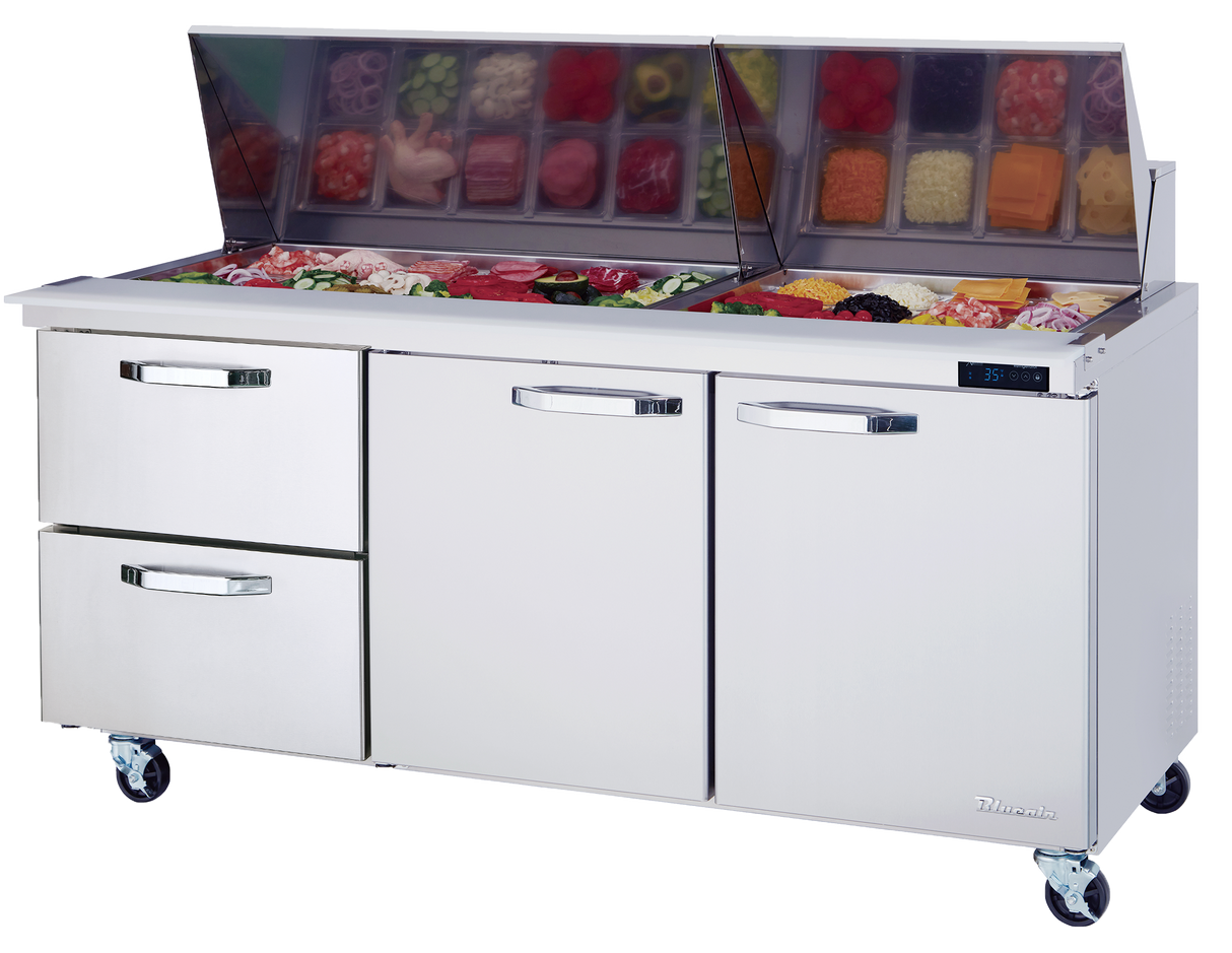 The Blue Air mega top sandwich prep table features casters, two drawers, two doors, and a top compartment for salad fixings like greens, tomatoes, and meats under a raised glass lid. A digital display shows the temperature for optimal freshness.