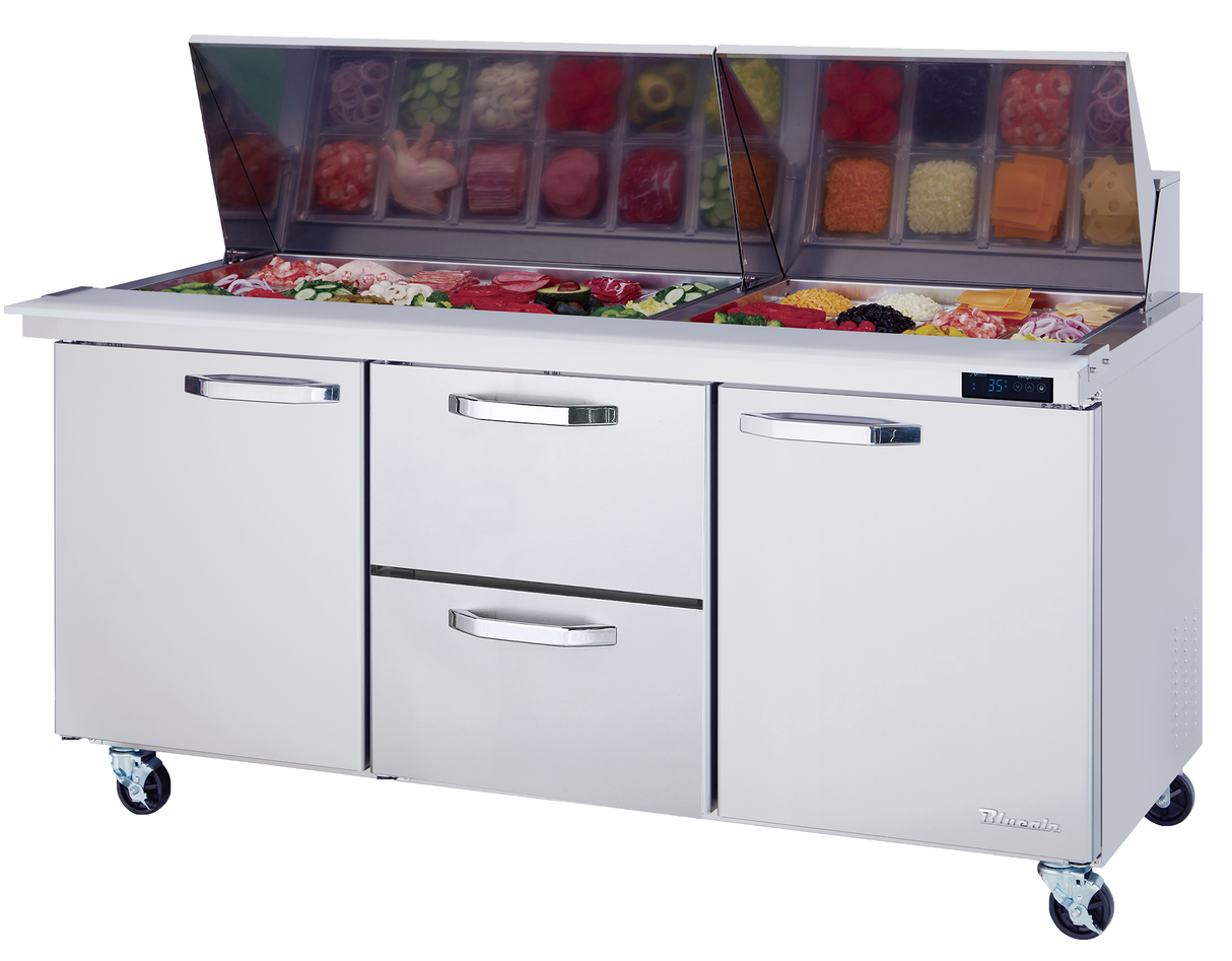 A commercial stainless steel sandwich prep table on wheels features a mega top glass section displaying chopped vegetables, with three closed compartments below: two side doors and a pull-out center drawer, perfect for efficient commercial refrigeration.