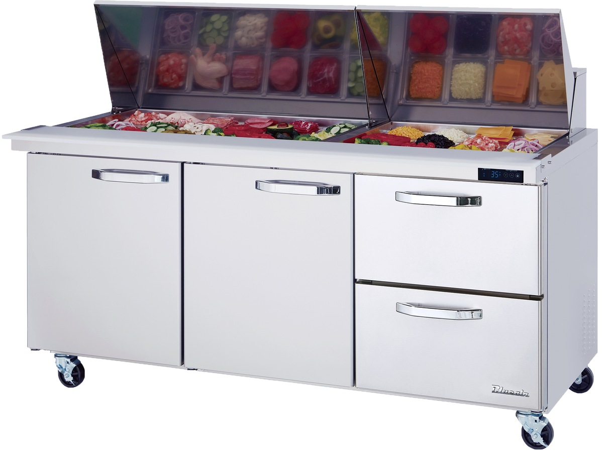 A stainless steel refrigerated prep table with two doors and two drawers on wheels. The top features an open section with containers of sliced vegetables, meats, and cheeses under a raised glass lid. A digital temperature display is on the right side.