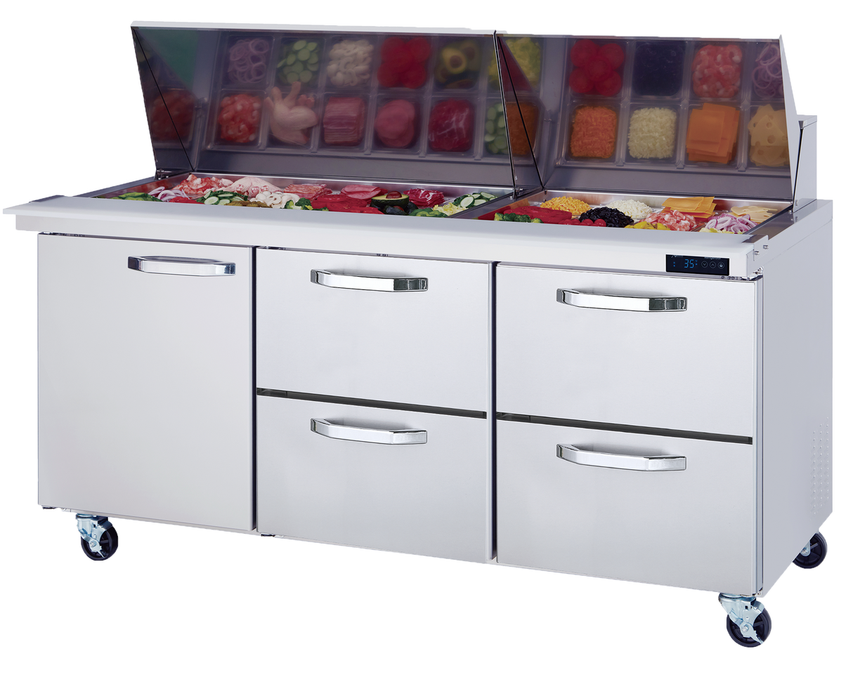A freezer with food in it sits beside a refrigerated prep table, perfect for keeping ingredients fresh and organized.