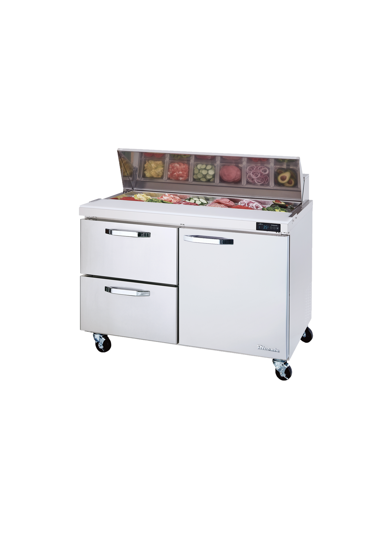 A 48-inch refrigerated prep table with two drawers, a large door, and wheels. The top of this Blue Air BLPT48-D2L-HC Sandwich Prep Table holds containers of sliced vegetables and meats, ideal for efficient food prep in a professional kitchen.
