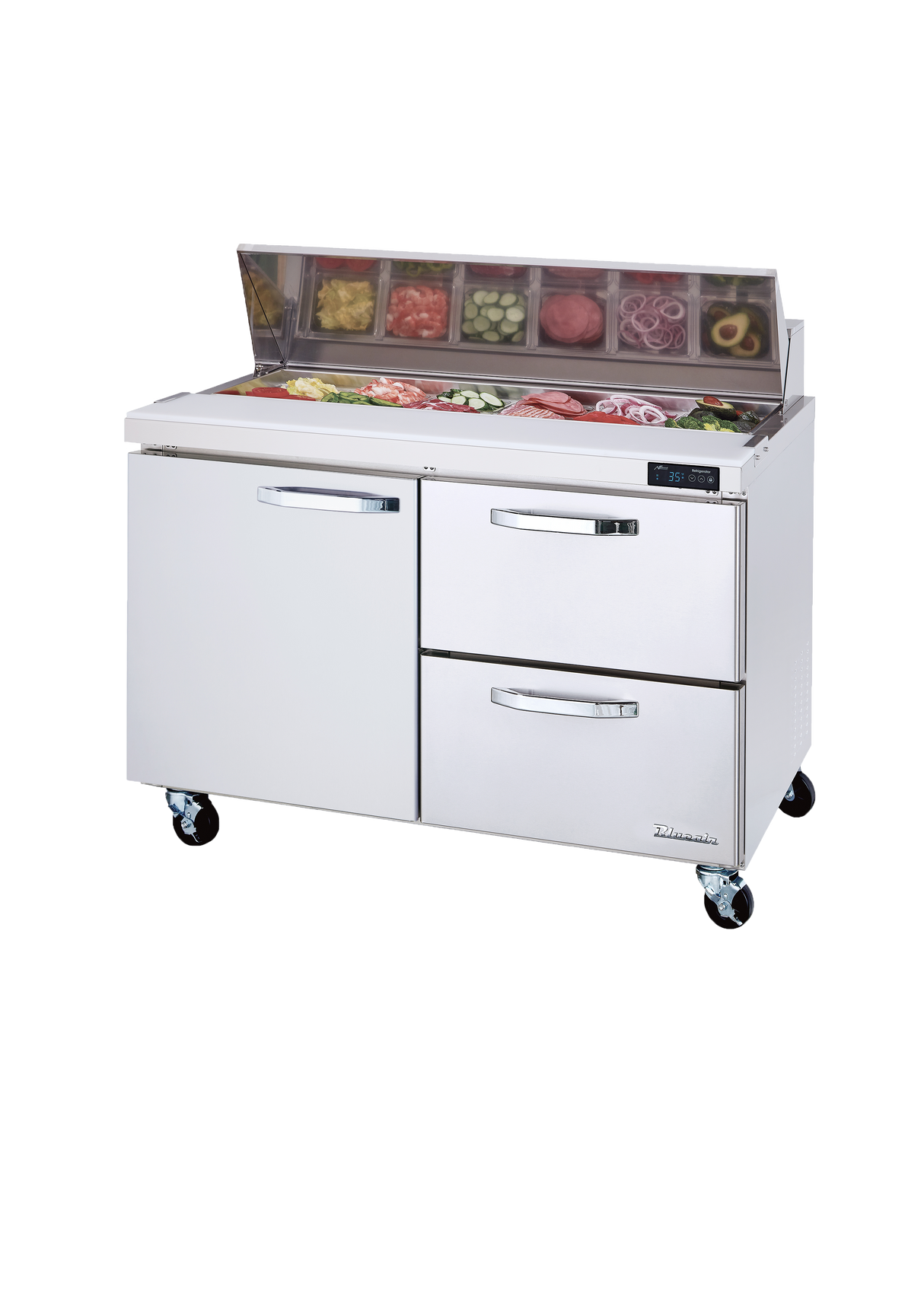 The Blue Air BLPT48-D2R-HC refrigerated prep table features a stainless steel body, one door on the left, two drawers on the right, and a raised section on top holding sliced vegetables in clear containers. The unit is mounted on four wheels.