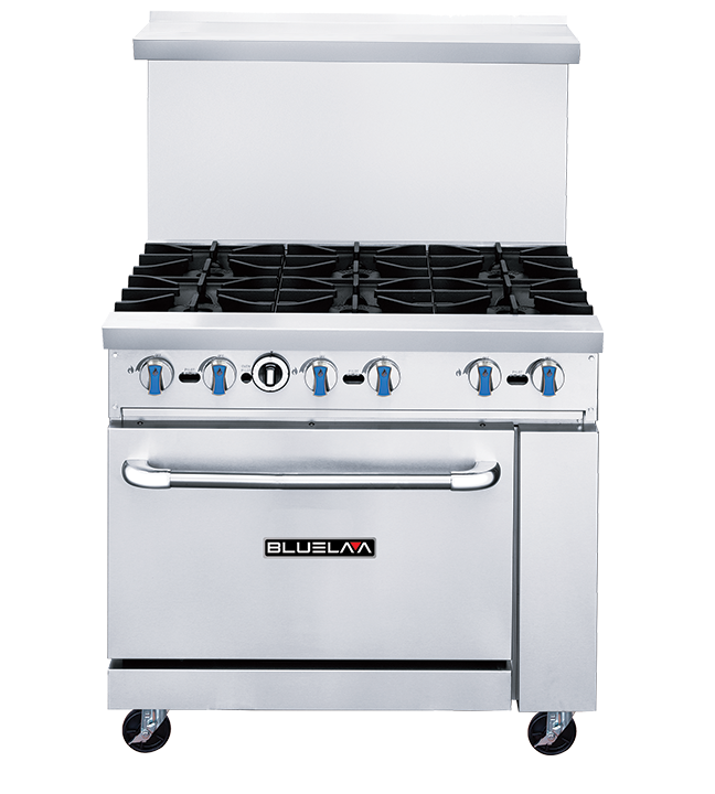 The BLUELAVA Range is a commercial stainless steel gas range with 6 open burners, blue control knobs, a large oven door, and the Blue LAA logo. It features a high backsplash and stands on four caster wheels for easy mobility.