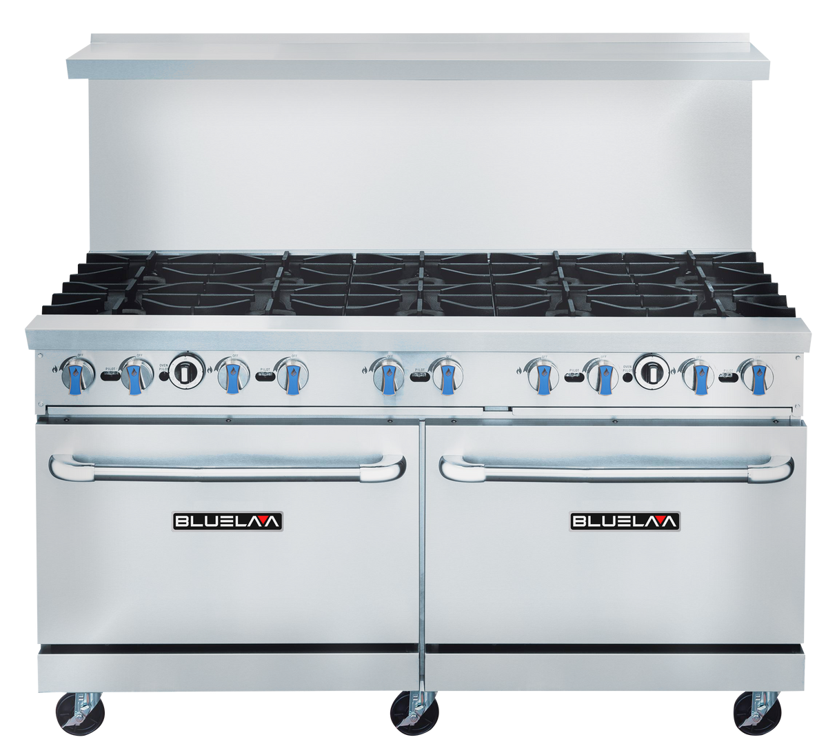 The BLUELAVA Range is a commercial gas range featuring eight burners, two oven doors, blue control knobs, a backsplash, and four wheels for mobility. The stainless steel unit is labeled “BLUELAVA” on both doors for a professional touch.