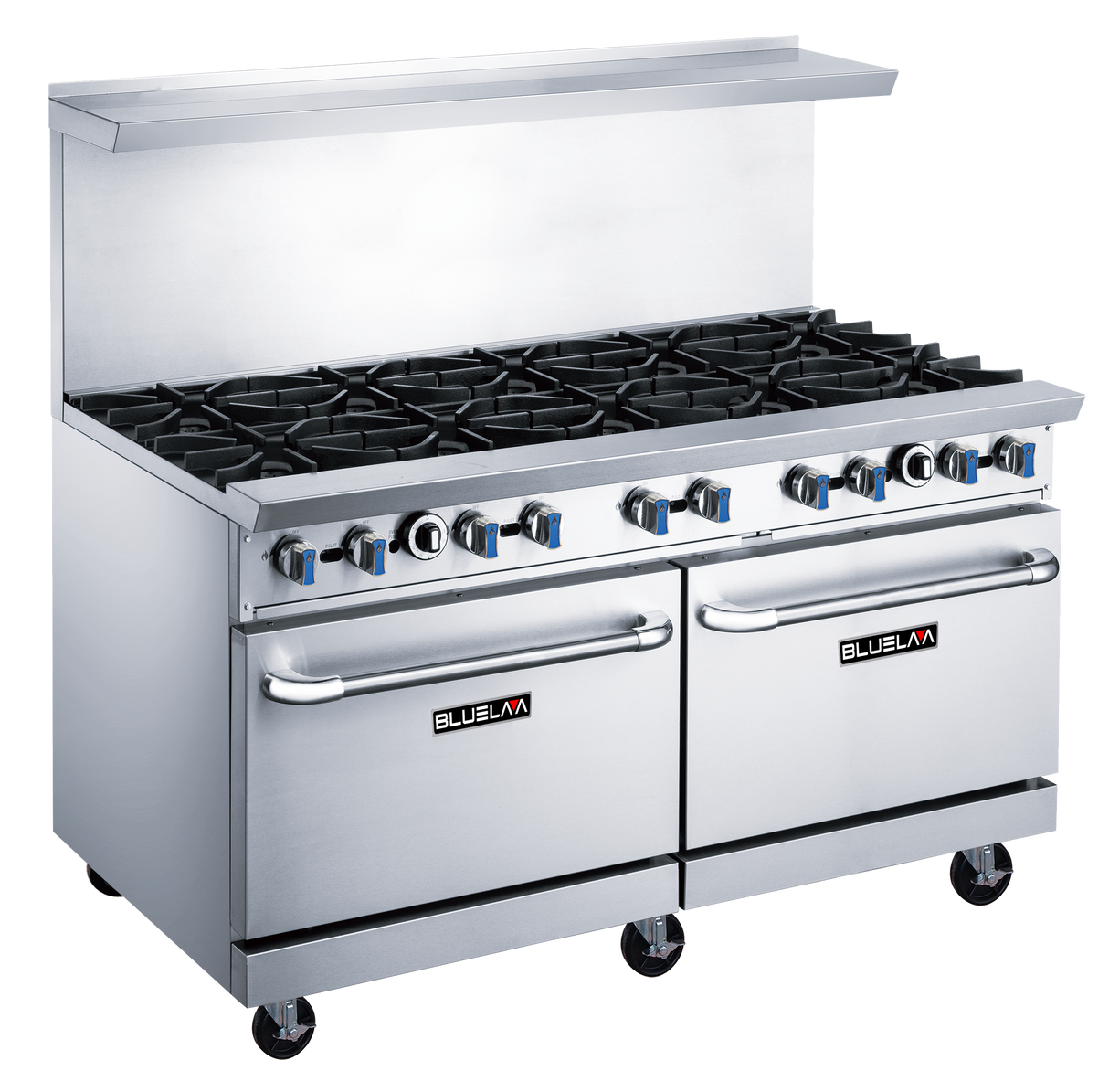 A large BLUELAVA Range commercial gas range with 10 open burners, control knobs with blue accents, a backsplash, two ovens below with handles, and the BLUELMA logo on the front. The unit sits on four caster wheels.