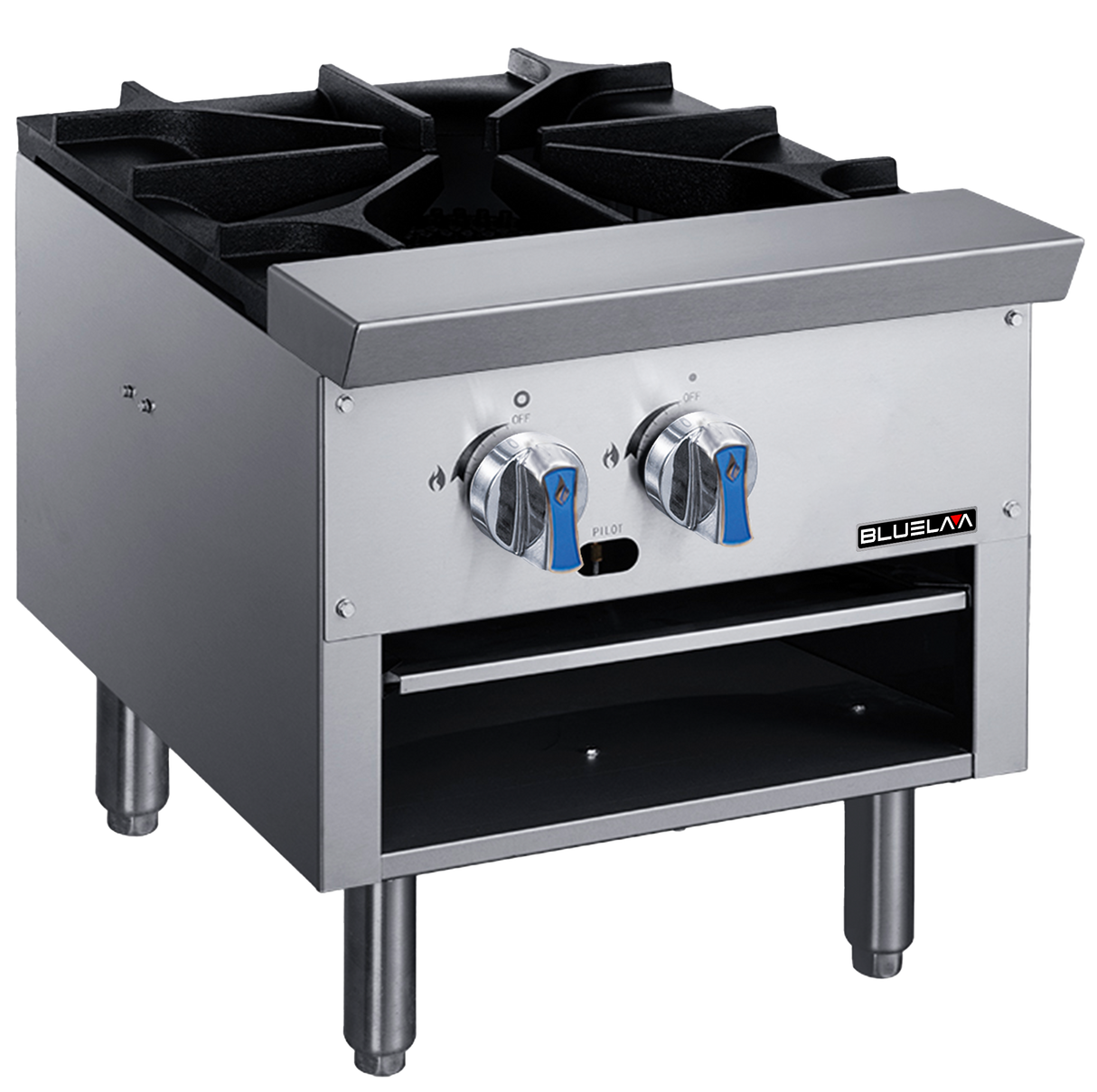 A stainless steel BLUEJAY low stock pot range with an 80,000 BTU large burner, two blue control knobs, and an open lower shelf. Sturdy and industrial, it stands on four metal legs—perfect for commercial kitchens.