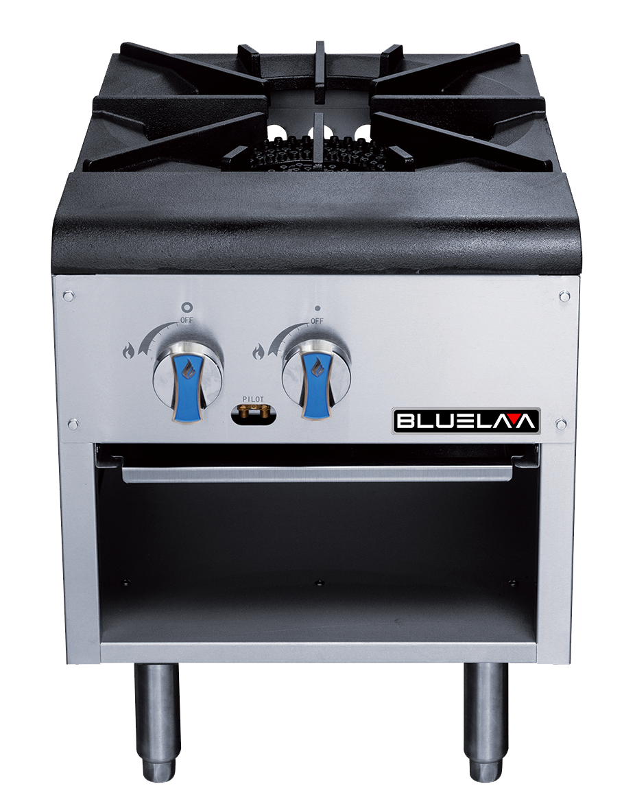 A heavy duty commercial stainless steel stock pot range with a single gas burner, two blue control knobs, an open lower storage shelf, and BLUELAA branding. Features a cast iron burner grate and sturdy cylindrical metallic legs.