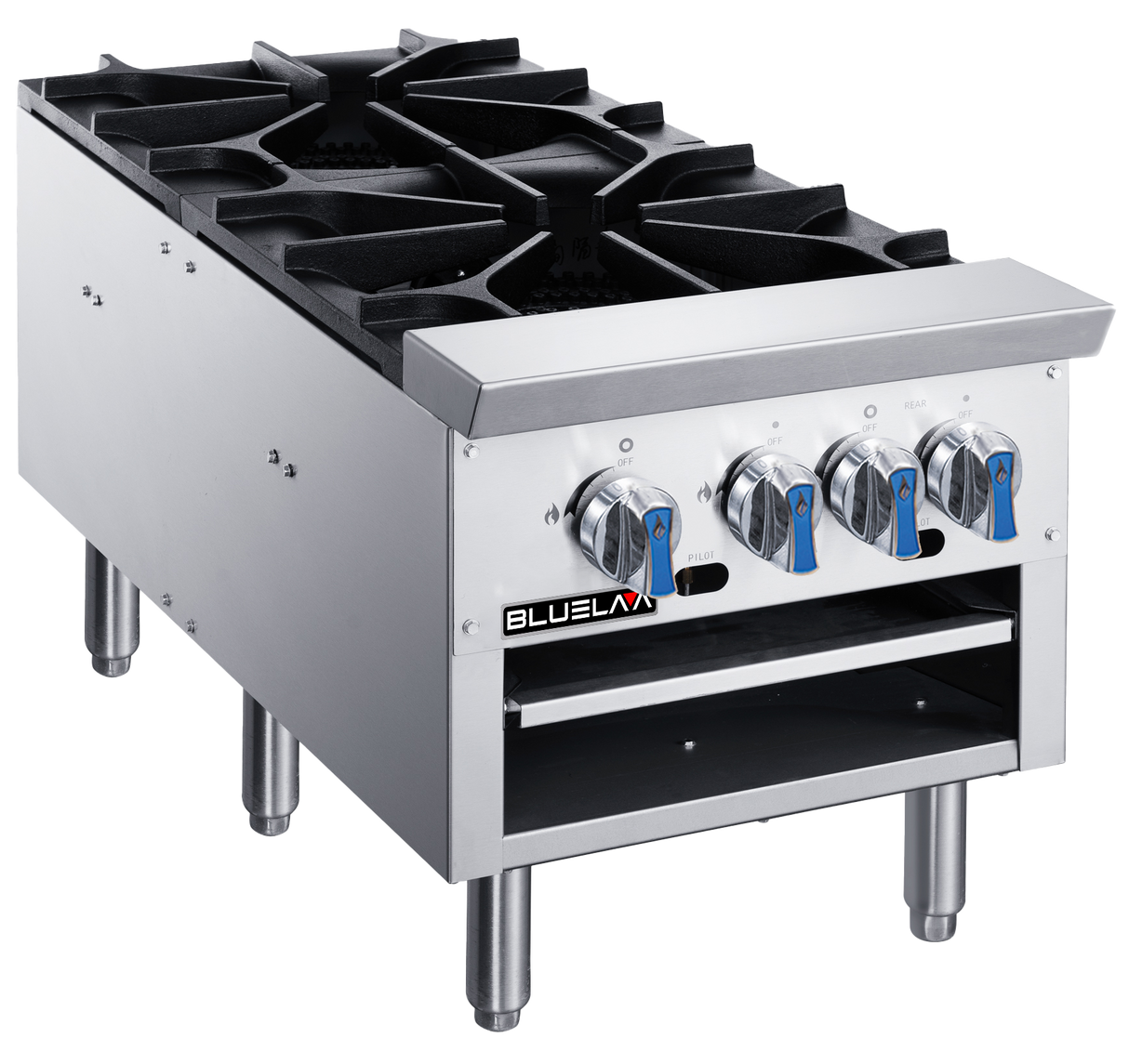 A commercial stainless steel gas stove for any commercial kitchen, featuring four black cast iron gas burners, four blue and silver control knobs, sturdy metal legs, the BLUEFLAME logo on the front, and an open shelf below the knobs. Plain white background.