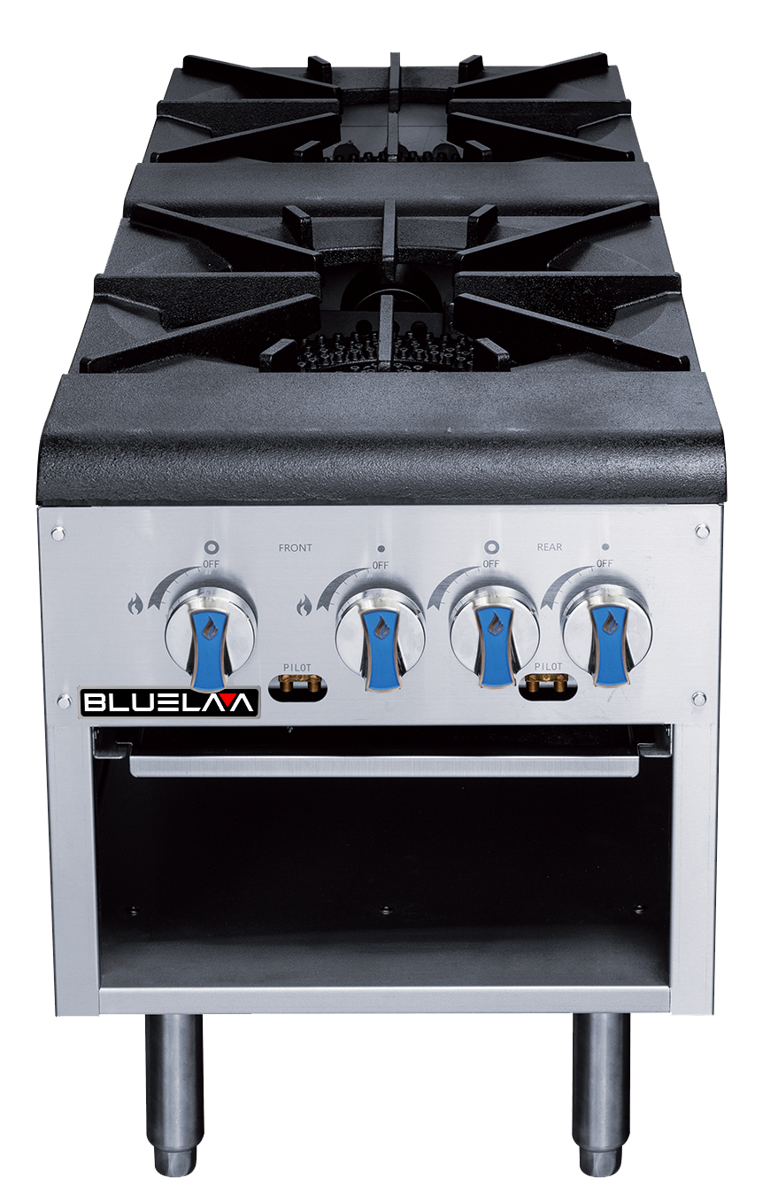 A heavy duty commercial stainless steel Stock Pot Range with two gas burners, four blue control knobs, “BlueLAA” branding, and an open storage space below. The stove stands on four short legs and features sturdy cast iron grates.