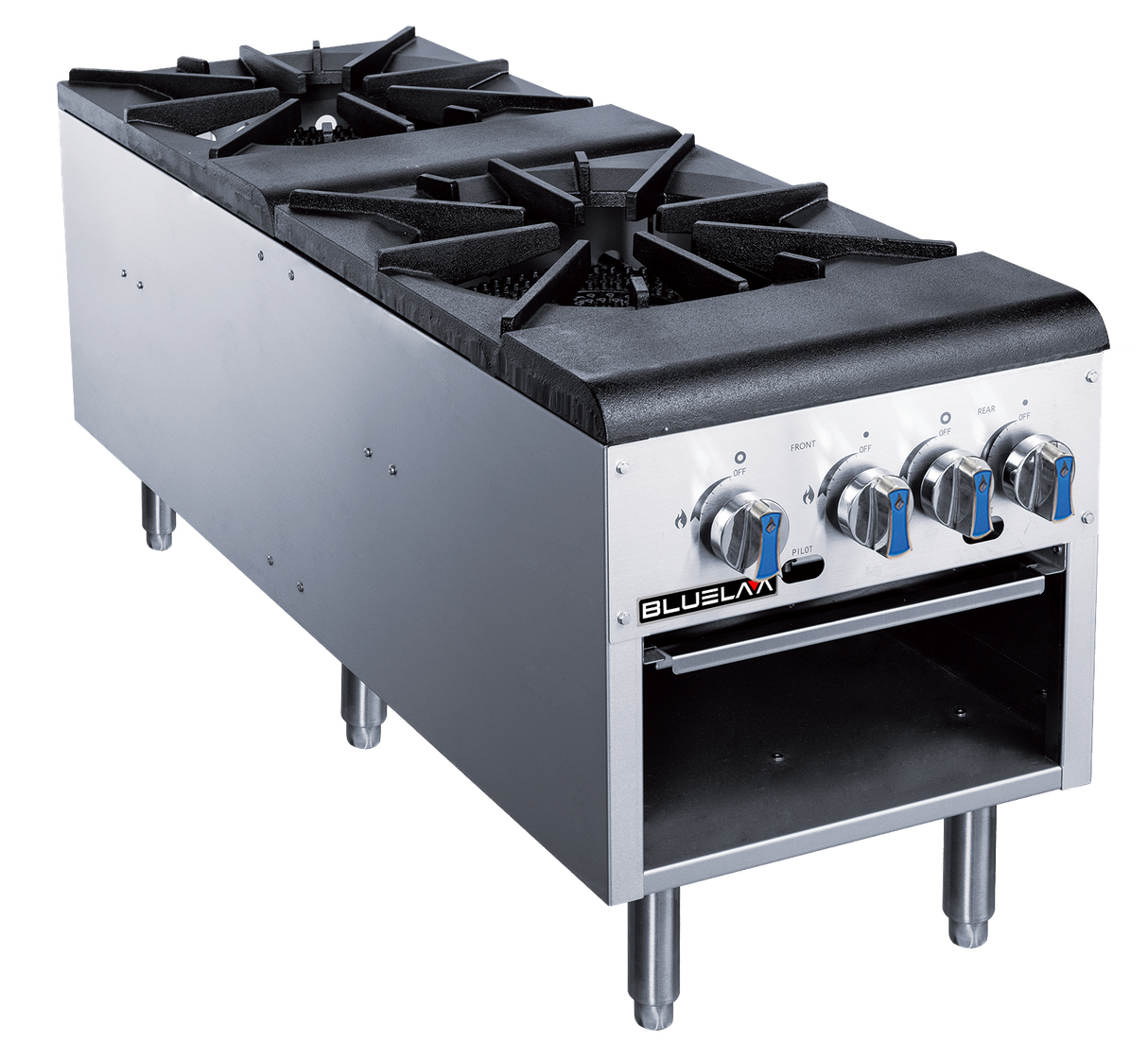 A heavy duty commercial stainless steel Stock Pot Range features two large black gas burners, three control knobs with blue accents on the front, an open lower shelf, and four sturdy metal legs for reliable support.