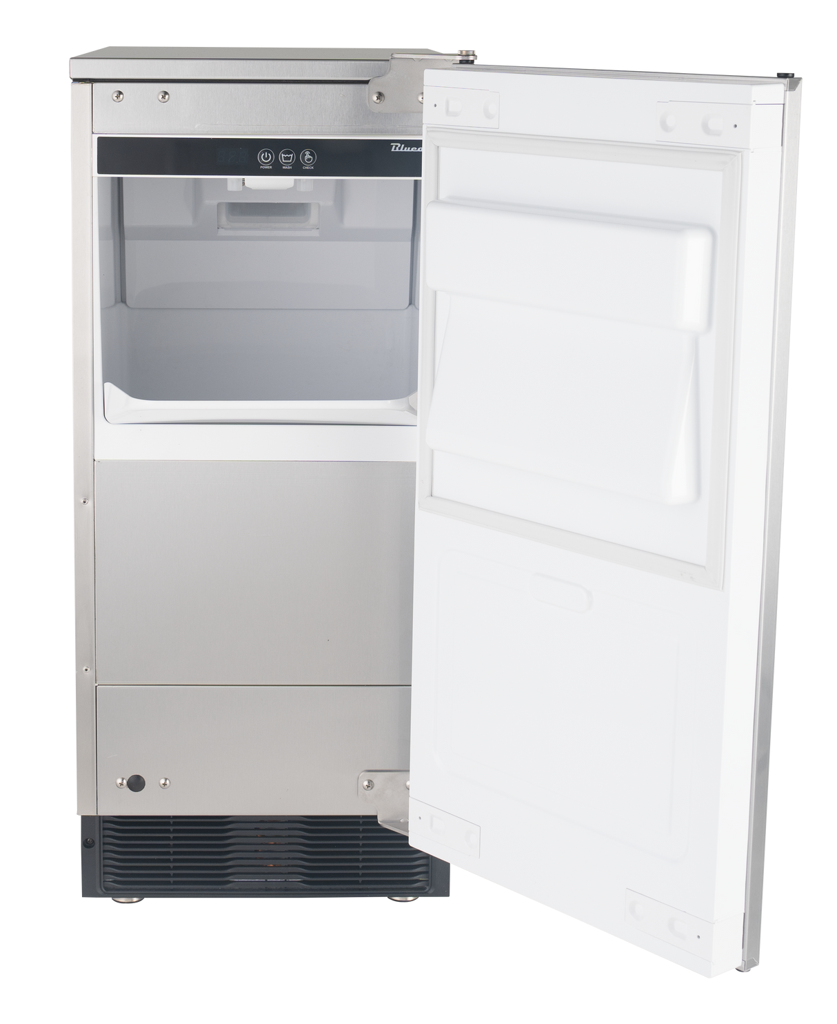 A stainless steel undercounter ice maker with its door open, revealing the white interior ice bin and two compartments on the inside of the door. The sleek, modern exterior features control buttons above the ice bin, perfect for producing nugget cube ice.
