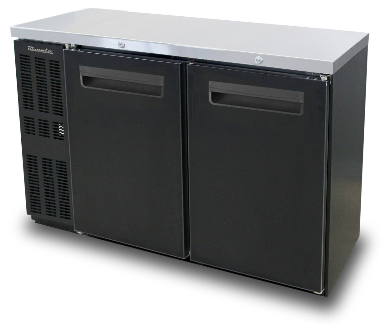 A commercial-grade, black two-section Back Bar Cooler with shallow depth features a stainless steel top, left-side vents, and indented handles. Designed for professional or restaurant use, the unit sits on short, hidden legs for a sleek look.