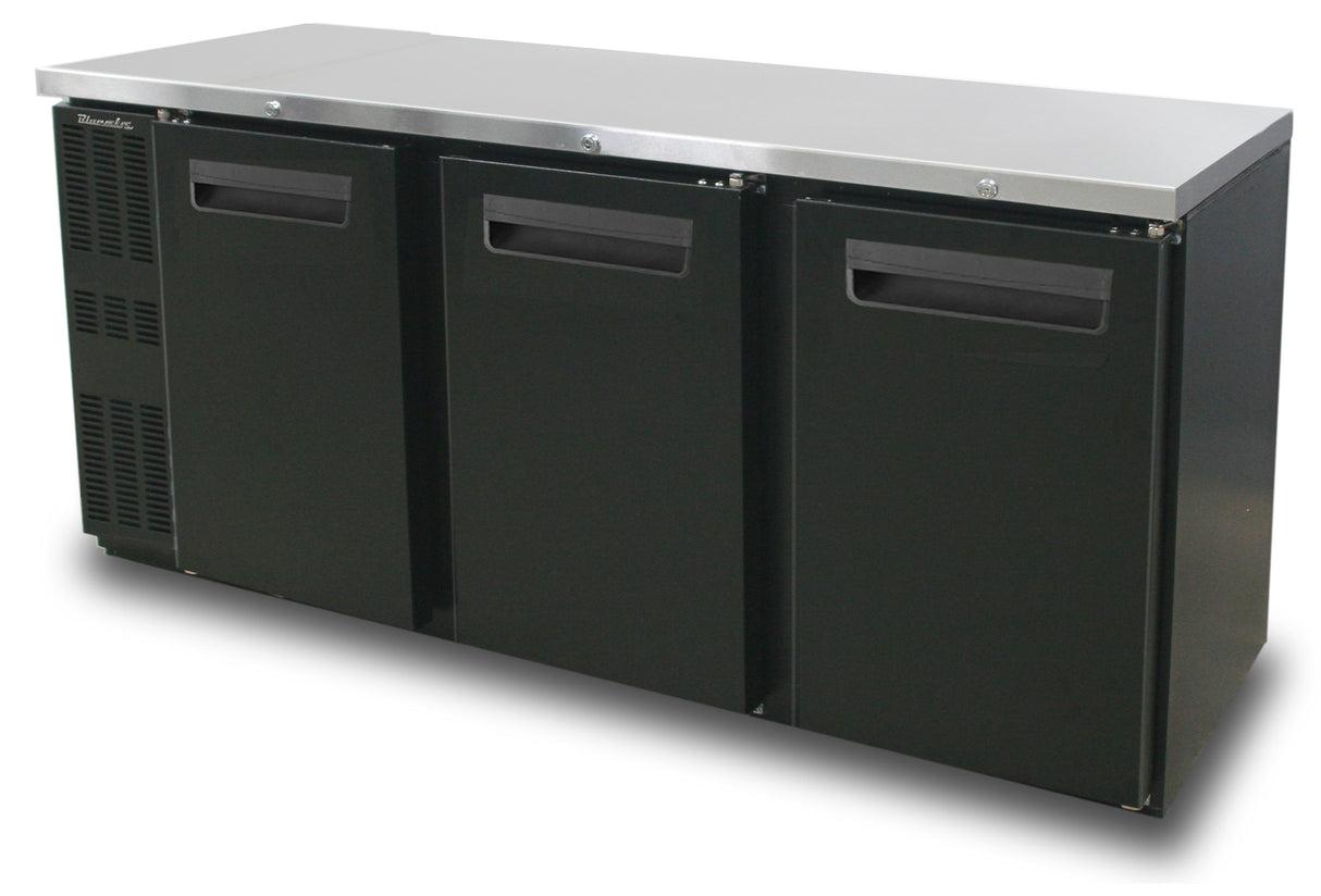 A commercial black three-section Back Bar Cooler with shallow depth, three doors, and a stainless steel countertop. The left side features ventilation slats and recessed handles, offering an industrial, sleek design ideal for bars or restaurants.