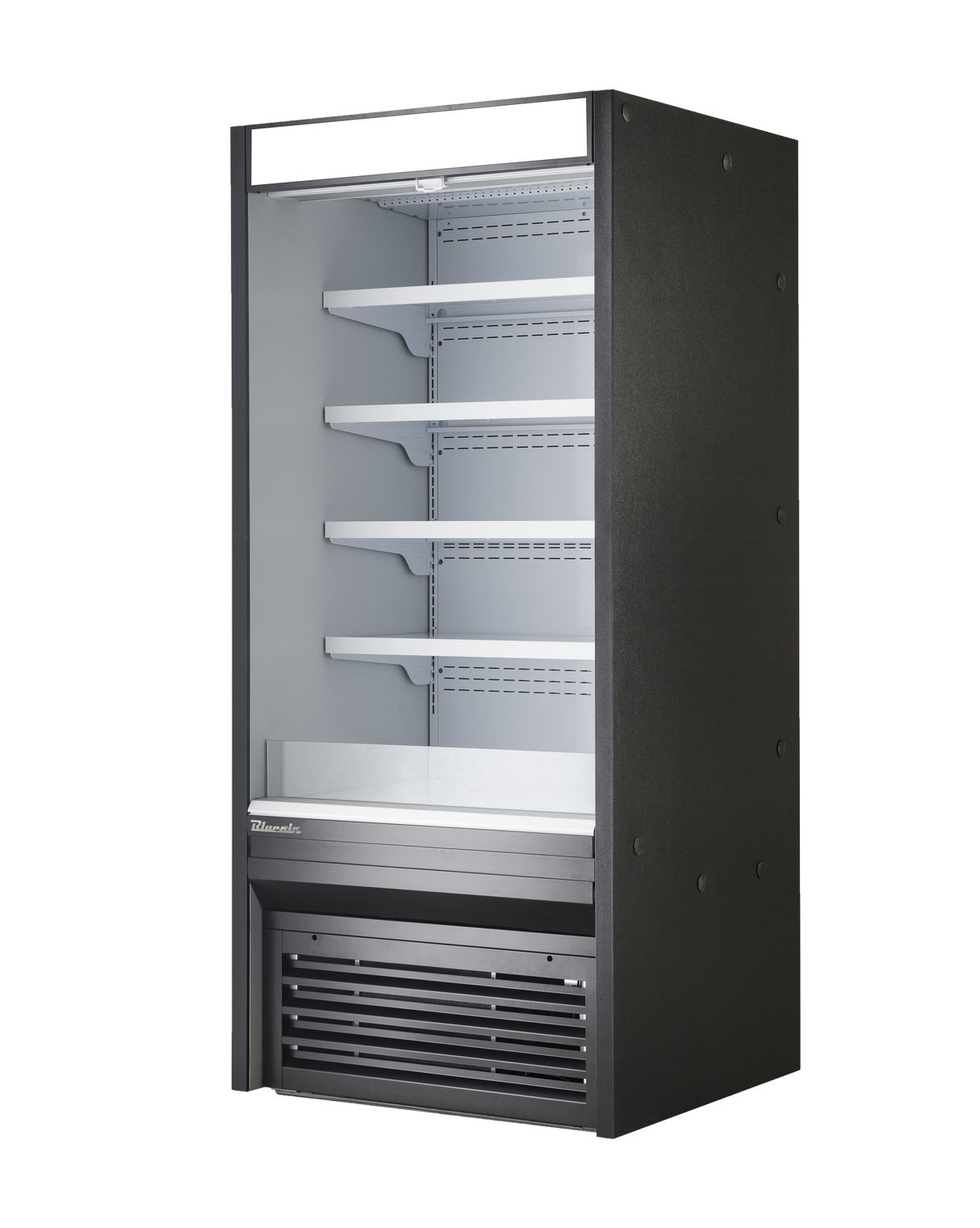 A tall, black 48 inch open display case with self-contained refrigeration features four adjustable metal shelves, a white interior, and a vented bottom section. The empty unit stands against a plain white background, ready for use.
