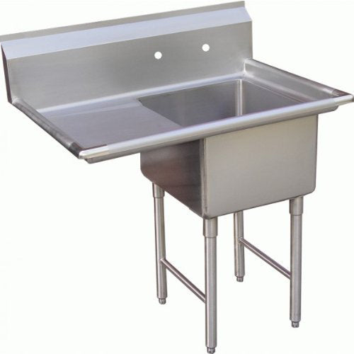 A stainless steel sink 1-compartment utility sink with a deep rectangular NSF stainless steel bowl, backsplash, and left-side drainboard. It stands on four tubular legs and features two holes on the backsplash for faucet installation.