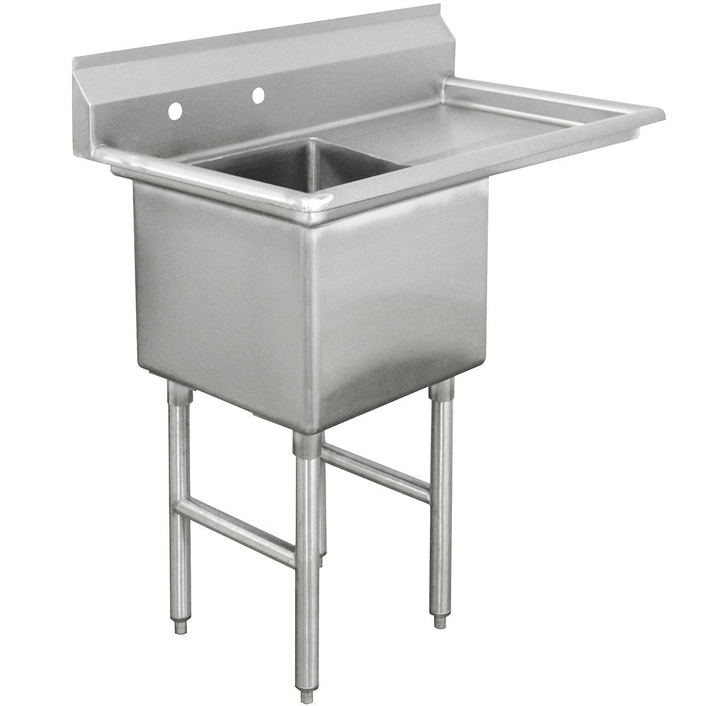 A stainless steel sink NSF certified for commercial use, this 1-compartment unit features a deep rectangular basin, a backsplash with two faucet holes, an integrated right draining board, and four sturdy legs—simple, functional, and ideal for restaurant kitchens.