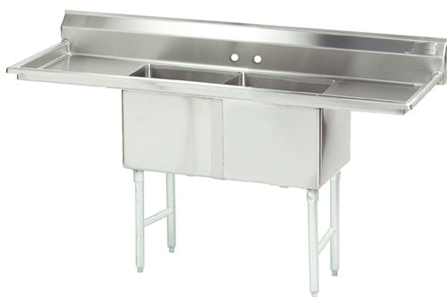 This commercial NSF sink features two deep rectangular basins—perfect as a 2-compartment sink—with a high backsplash, wide draining surfaces, four sturdy legs, and an under-sink cabinet with sliding doors. Two faucet holes sit above the stainless steel basins.