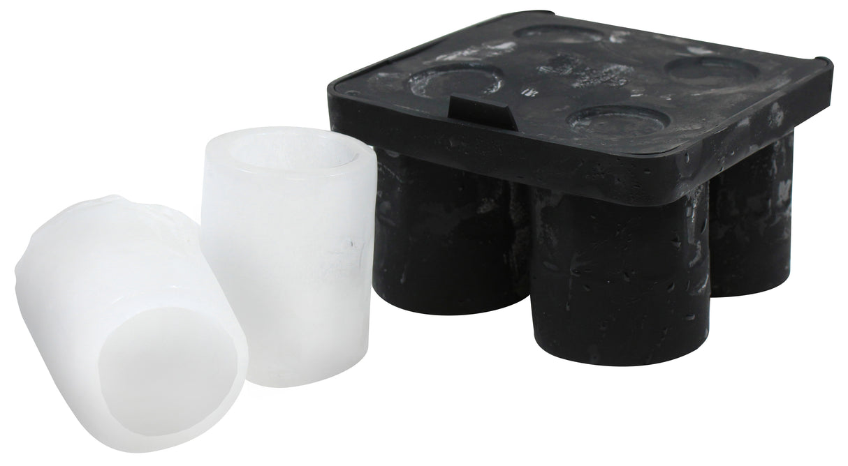 A black silicone shot glass ice tray with four cylindrical compartments sits on a white background. Two hollow, tube-like ice cubes made from the shot glass mold are displayed in front, demonstrating their unique shape.