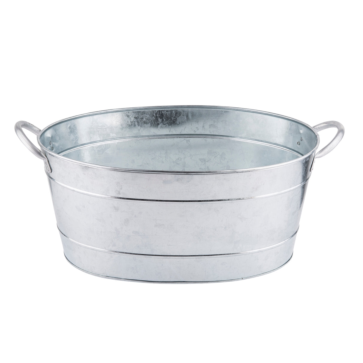 A shiny, oval-shaped TableCraft beverage tub made of galvanized steel with two curved side handles. The tub features a smooth, slightly reflective surface with visible horizontal seams and a simple, industrial design. The interior appears empty and clean.