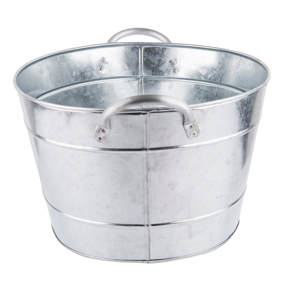 A shiny, round galvanized steel bucket with two sturdy handles on opposite sides. The bucket has a slightly tapered shape, horizontal indented bands, and a smooth, reflective silver surface—perfect as a beverage tub for parties.