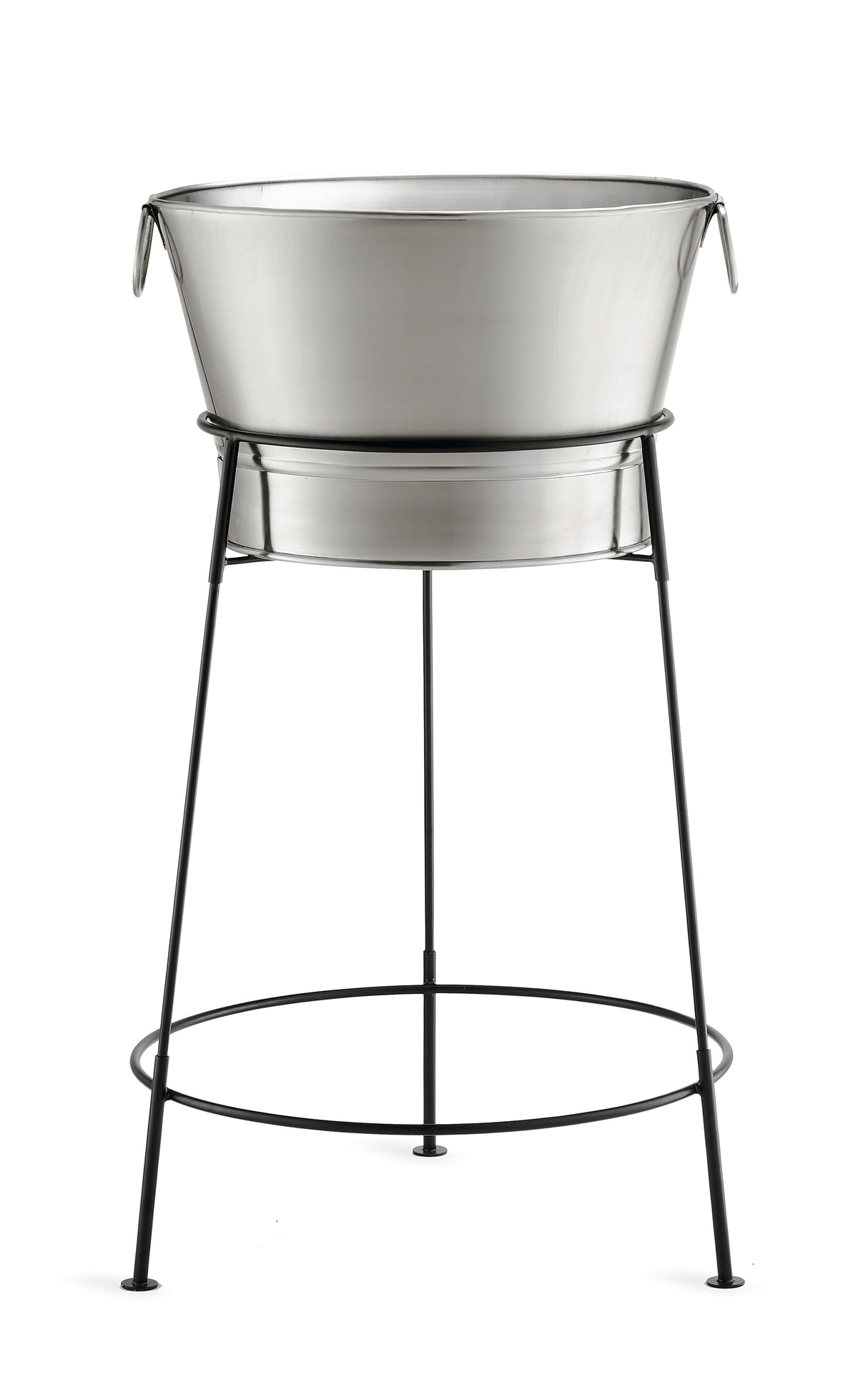 A stainless steel beverage tub with handles on both sides sits atop a tall, slender black metal stand with three legs and a circular support ring near the base, all set against a plain white background.