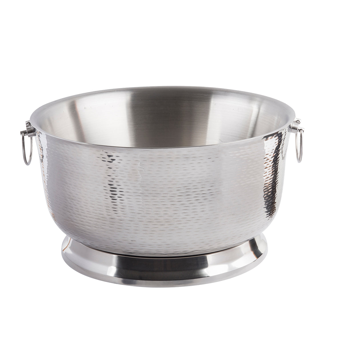 A large, round stainless steel beverage tub with a hammered texture sits on a short pedestal base. The double wall design keeps drinks cold, and two small metal ring handles add style. The shiny surface is smooth and reflective inside and out.