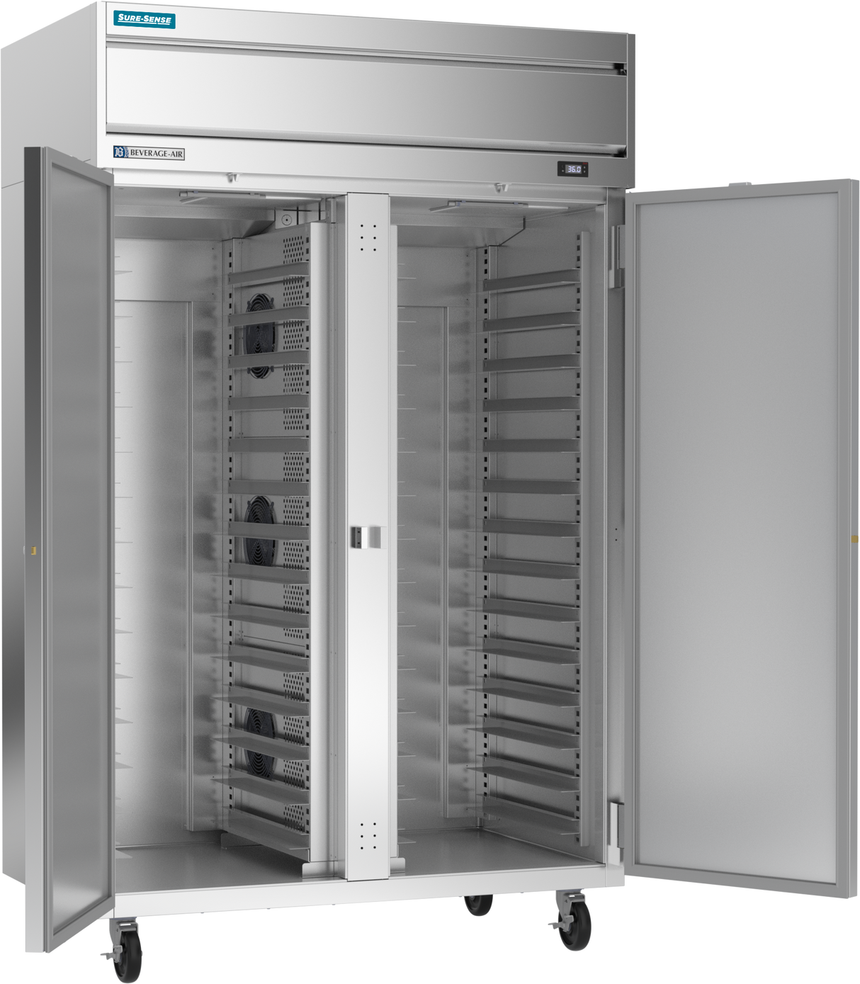 A large, industrial stainless steel reach-in refrigerator with double doors open reveals empty interior shelves and trays. The unit has wheels for mobility, a digital control panel on top, and a clean, spacious interior designed for commercial kitchen use.