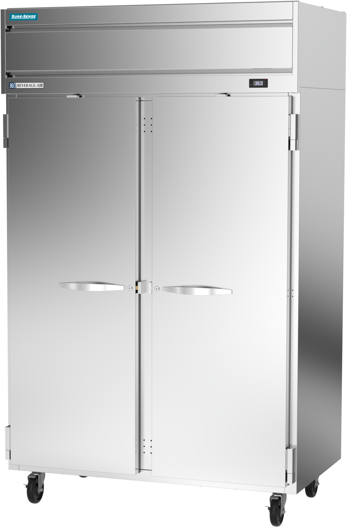 A large, stainless steel reach-in refrigerator with two vertical doors, horizontal handles, and four wheels. The unit features a digital temperature display and brand label at the top left corner. The smooth, reflective surface adds a sleek touch.