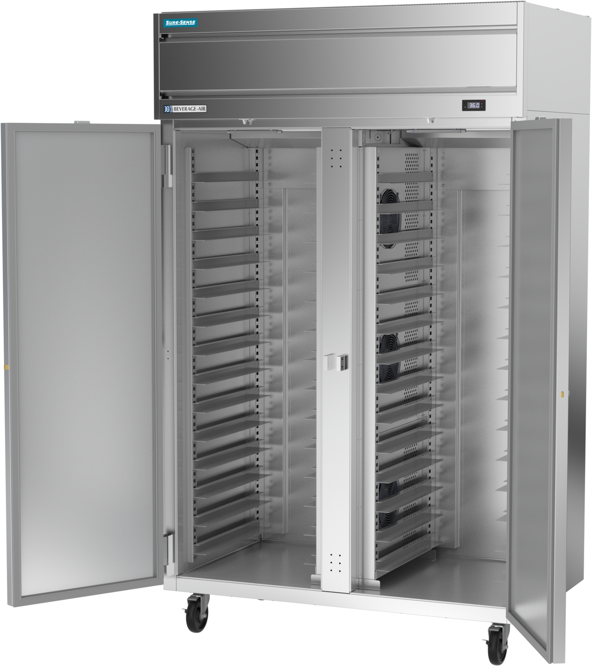 A large stainless steel reach-in refrigerator with double doors open, revealing multiple empty tray slots inside. The unit is on wheels and features a control panel on the top front, offering a clean, industrial kitchen appearance.