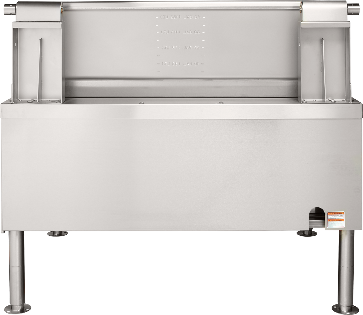 A large stainless steel commercial sink with a high backsplash, open basin, and four sturdy legs—perfect alongside an electric 40-gallon Braising Pan. The sink features raised side panels, open space below, and a small warning label on the lower right corner.