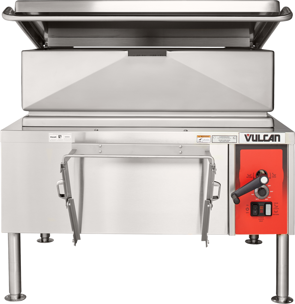 A commercial-grade 40-gallon capacity stainless steel electric braising pan with a red control panel on the right. The lid is open, revealing the deep cooking area. The unit stands on four legs and has handles for tilting the pan forward to pour contents out.