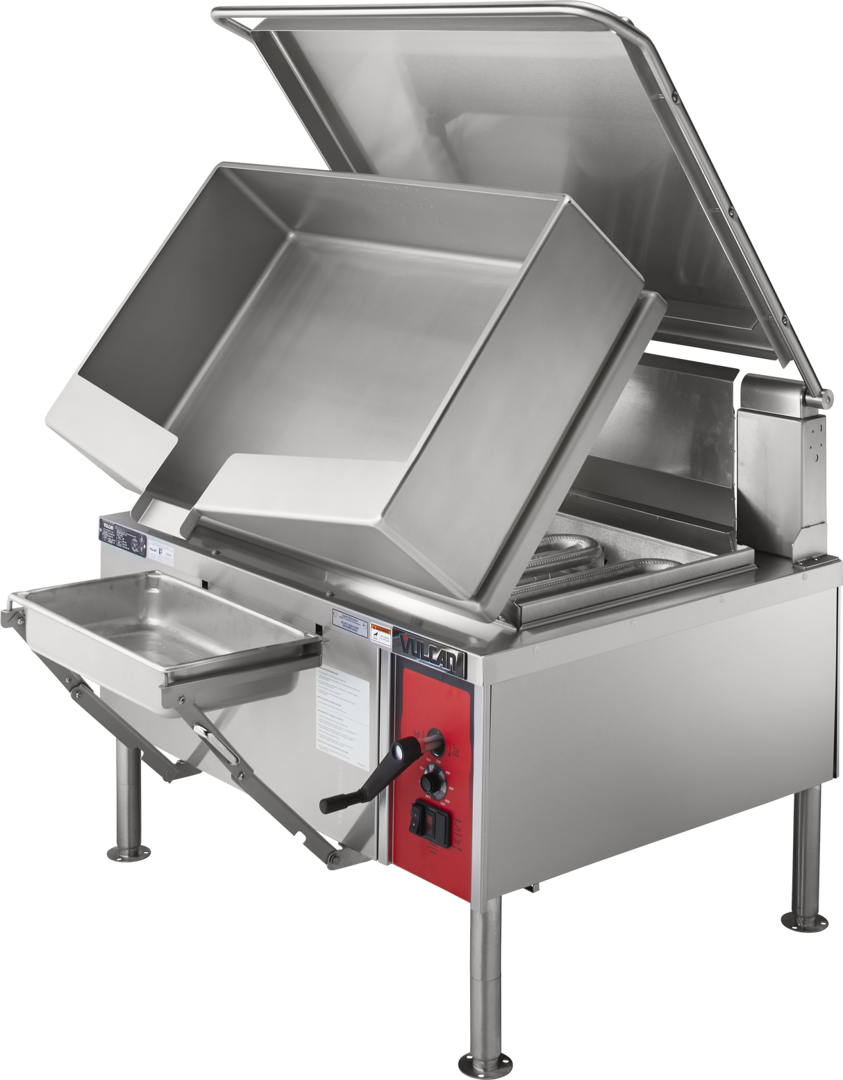 A large commercial gas braising pan with a 40-gallon capacity, featuring an open lid, deep rectangular pan, front-mounted control panel, handle, side spout, drip tray, and sturdy four-leg design—ideal for industrial kitchen use.