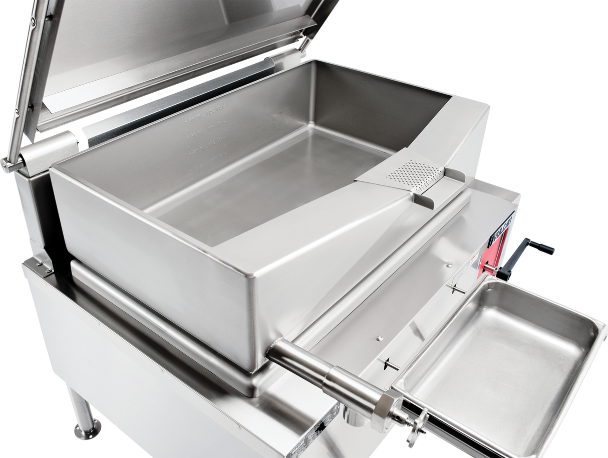 A large, open 40-gallon capacity stainless steel commercial braising pan with a raised lid, spout, and removable drip pan. The control panel and handle are visible on the right side. The gas equipment is clean and empty against a plain white background.