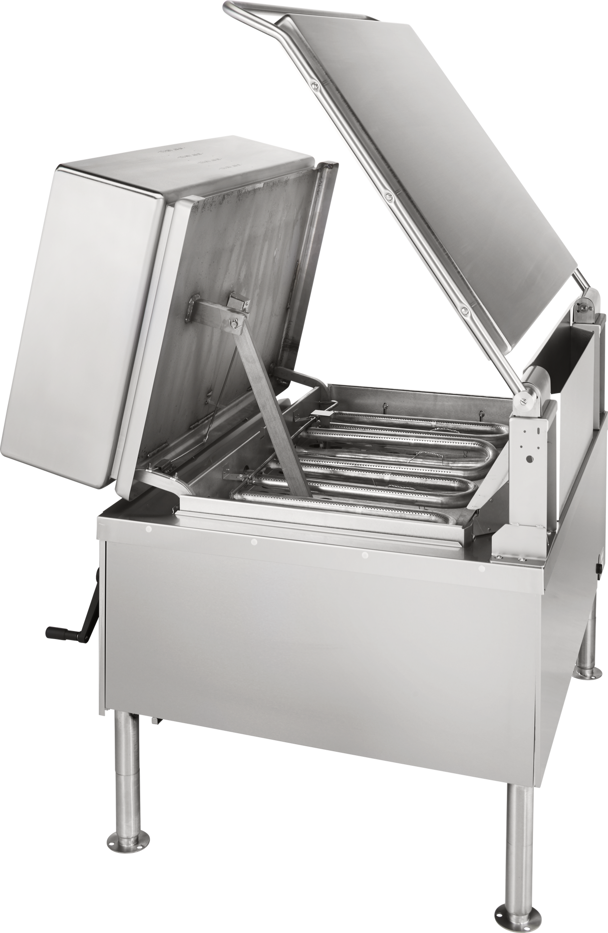 A large industrial stainless steel braising pan with a 40-gallon capacity stands on four sturdy legs, its open lid revealing metal heating elements inside. A side handle is likely used for tilting or adjusting the pan.
