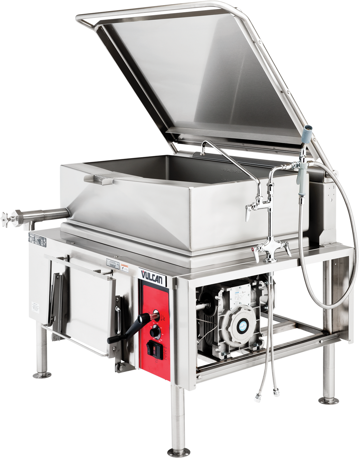 A large industrial stainless steel gas braising pan with a 40-gallon capacity features a deep rectangular basin, open lid, control panel with red accents, attached faucet, hand sprayer, tilting lever, four sturdy legs, and visible piping and mechanical components.