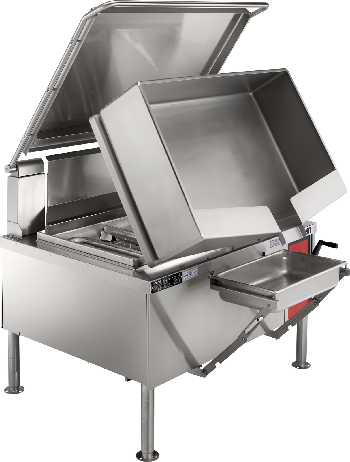 A large industrial stainless steel braising pan with both the main lid and front pouring pan ajar, showing the deep 40-gallon capacity cooking area and control panel. The skillet stands on sturdy legs and features handles and adjustment knobs.