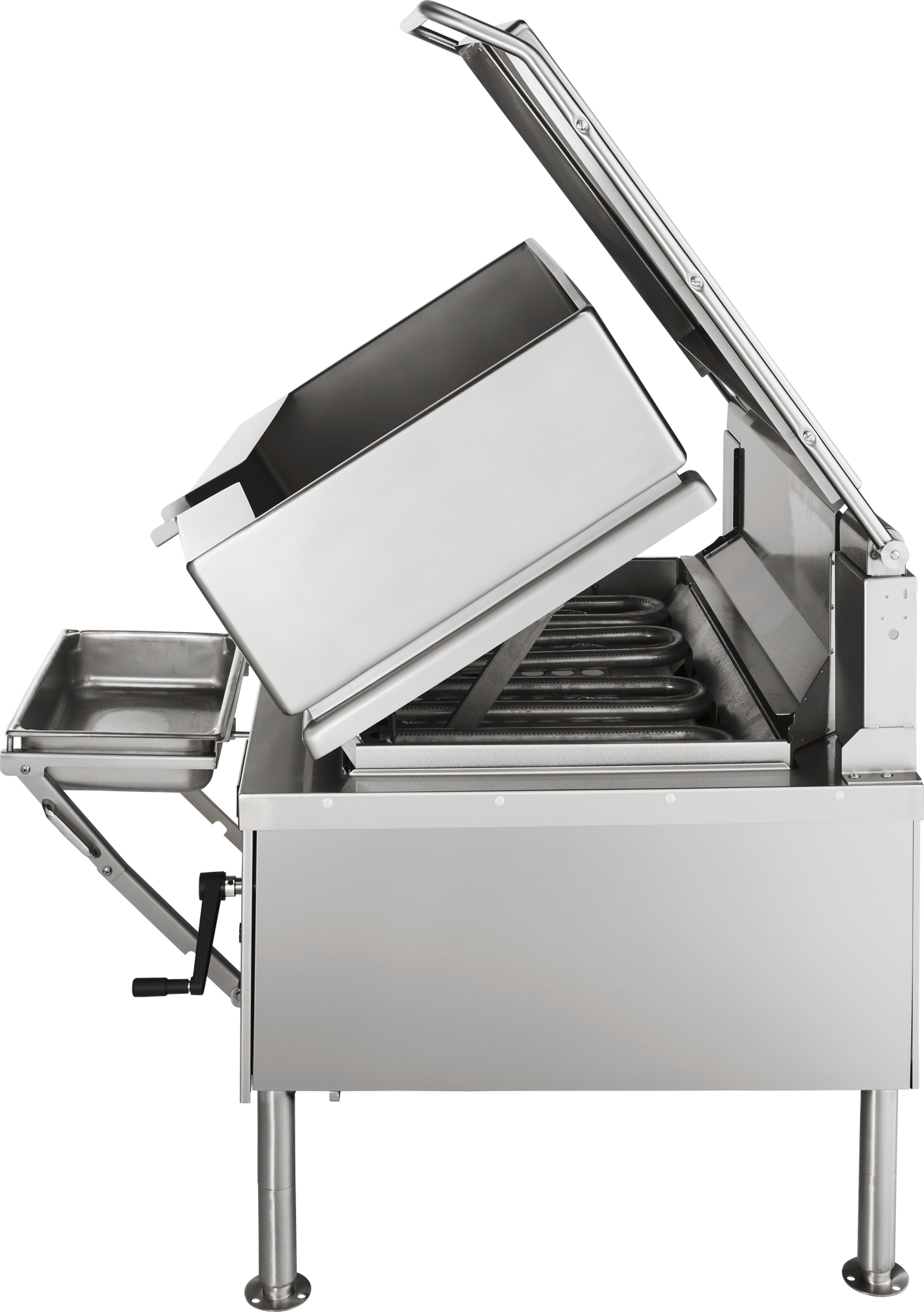 A large 40-gallon stainless steel commercial gas braising pan with its pan lifted and lid open, revealing heating elements inside. A handle and removable tray sit on the left side. The unit stands on four sturdy legs against a white background.