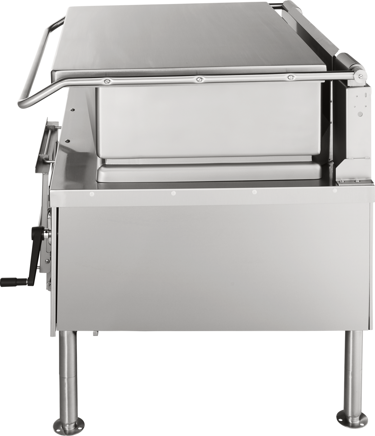 A large commercial 40-gallon stainless steel braising pan, viewed from the front, features a flat lid with a handle, gas-powered operation, a crank for tilting on the left side, and sturdy cylindrical legs for industrial kitchen cooking.