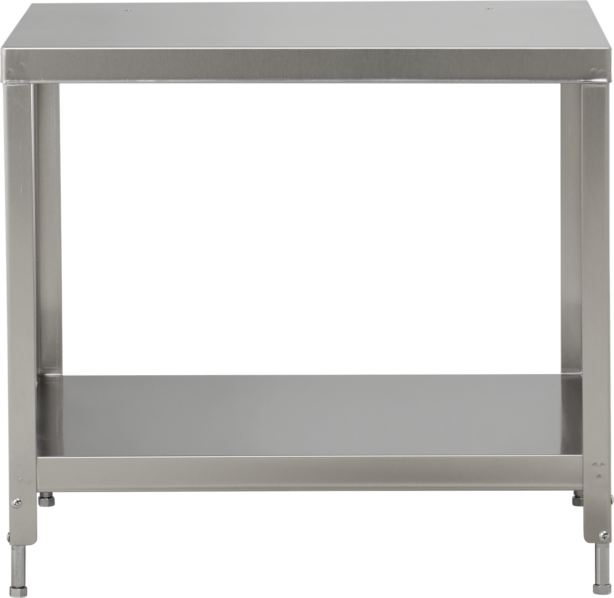 A stainless steel work table with a flat rectangular top, open sides, four legs, and a lower shelf. Its simple, industrial design features adjustable legs and a shiny finish, perfect for kitchens or as a Slicer Stand. Background is transparent.