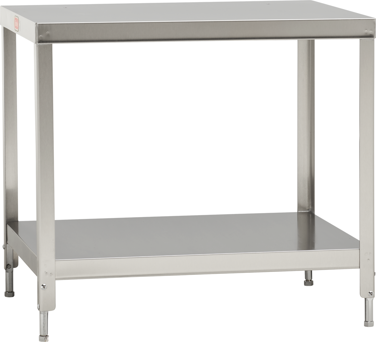 A stainless steel Slicer Stand with four sturdy legs, an adjustable lower shelf, and a flat, smooth top surface. Its simple, industrial design suits kitchens, labs, or workshops. The table is pictured on a plain background with no objects on it.