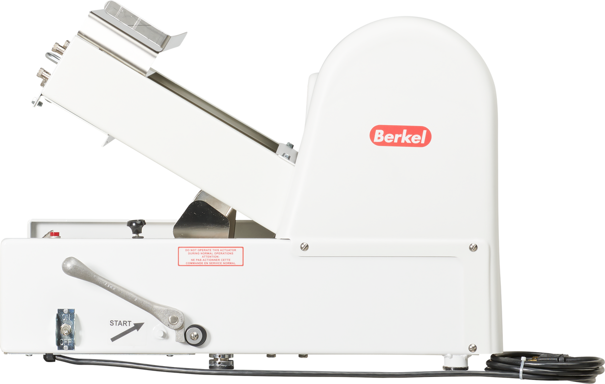 Side view of a white Berkel countertop food slicer with a manual lever, stainless steel blade inside, and black power cord. The machine features a red Berkel logo and START switch on the lower front panel—ideal as a bread slicer.