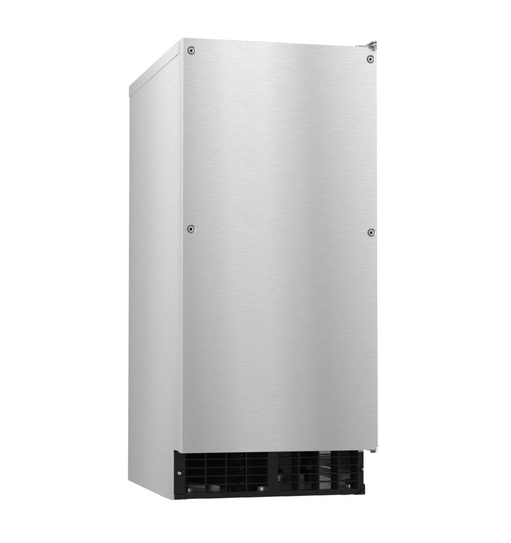 A stainless steel, cube-style ice maker with a smooth front panel, black vent at the bottom, and a small handle on the upper right. The design is minimal and modern, with visible screws at the corners for panel attachment.