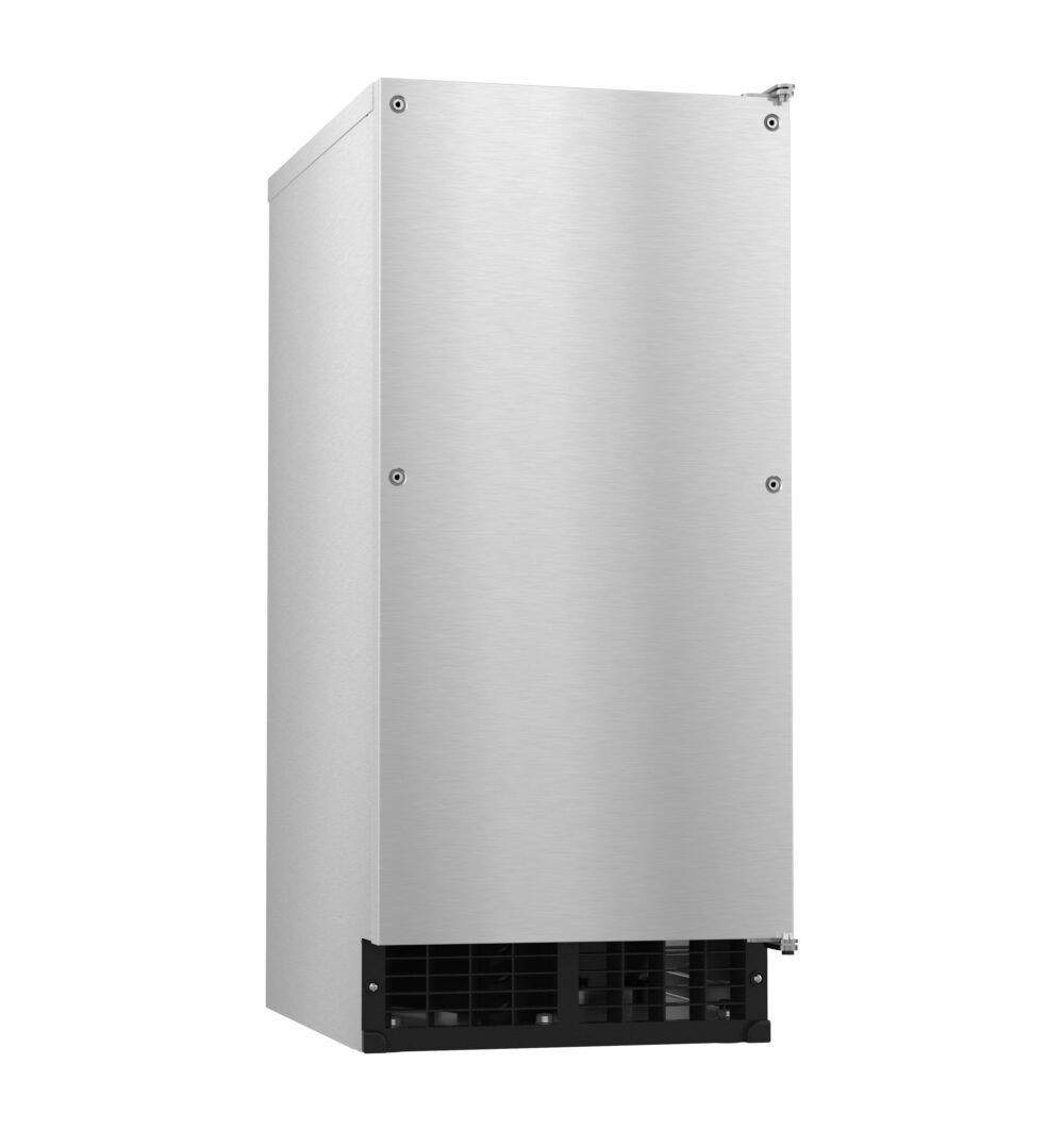 A tall, rectangular stainless steel self contained ice maker with a smooth front door, visible screws at the top corners, and a vented black panel below. The cube-style appliance has no visible handle, offering a modern, industrial look.