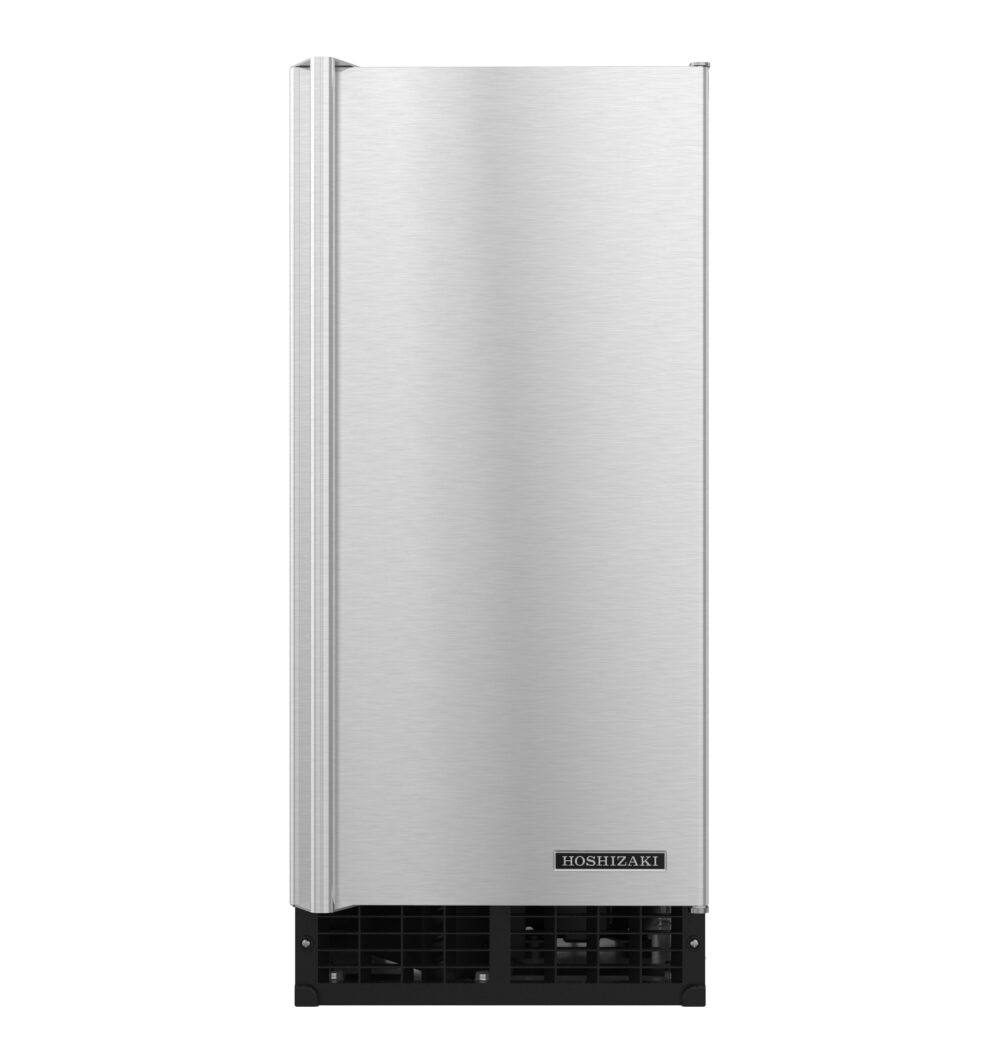 A tall, rectangular stainless steel ice maker with a sleek, smooth door. The air-cooled, cube-style design features a black vent grille and a small Hoshizaki label, making it modern and minimal—ideal for commercial or home use.